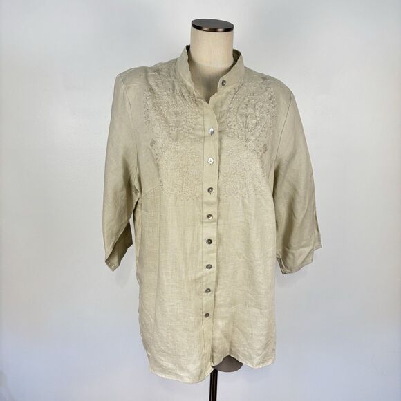 NWT Richard Malcolm Woman 2X Top Irish Linen Embroidered Button-Up Sage Green - Picture 1 of 10